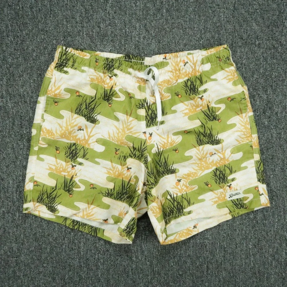 Bather Swim Trunks Men Small Green Yellow Lined All Over Print Shorts